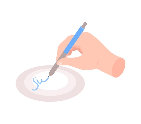 Isometric biometric identification singature recognition icon with human hand writing with pen 3d vector illustration