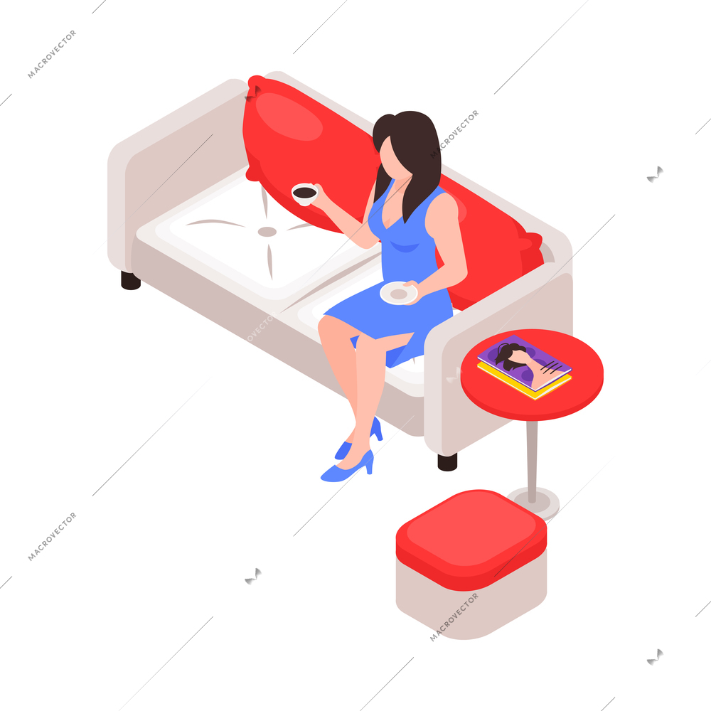 Female beauty salon client drinking coffee on sofa 3d isometric icon vector illustration