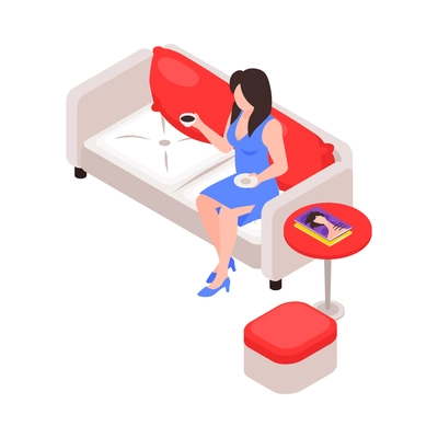 Female beauty salon client drinking coffee on sofa 3d isometric icon vector illustration