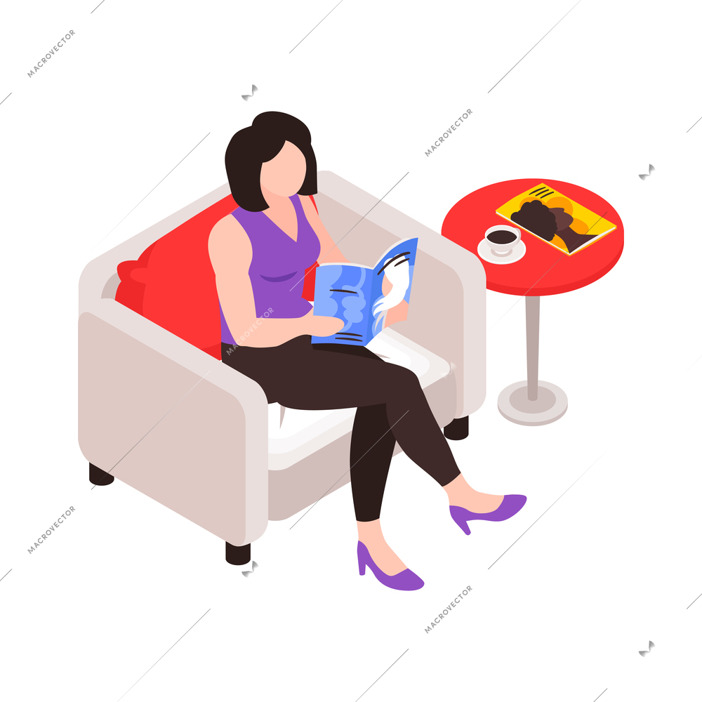 Woman sitting in armchair and reading magazine in beauty salon 3d isometric vector illustration