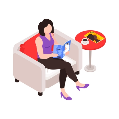 Woman sitting in armchair and reading magazine in beauty salon 3d isometric vector illustration