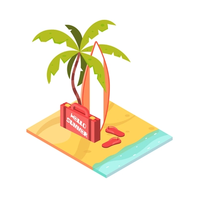 Tropical rest vacation isometric icon with surfboard flip flops and suitcase on beach 3d vector illustration