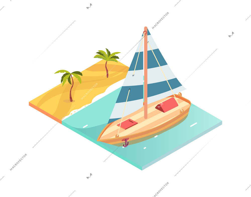 Tropical rest isometric icon with sandy beach and sailboat on water 3d vector illustration