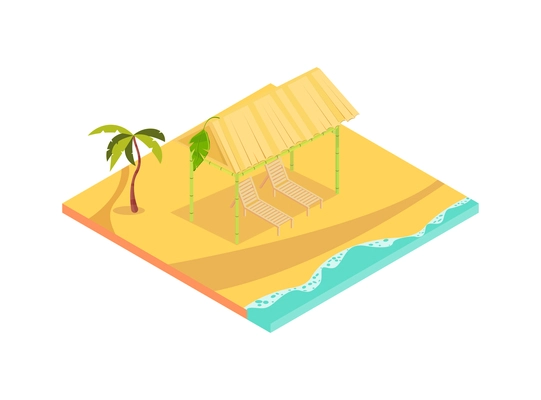 Tropical rest isometric icon with two empty lounges under roof on beach 3d vector illustration