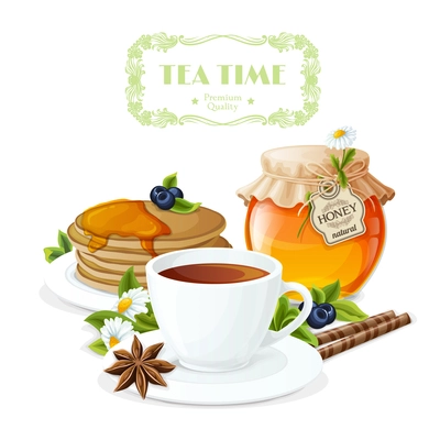 Tea time poster with cup and saucer honey jar and pancakes plate vector illustration.