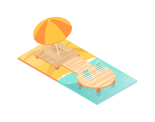 Tropical rest isometric icon with lounges and umbrella on overwater wooden platform on beach 3d vector illustration