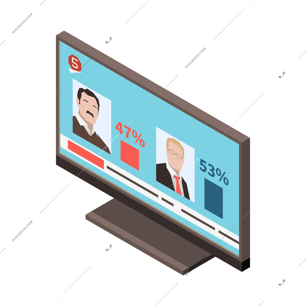 Election isometric icon with percentage of votes acquired by two candidates on computer screen 3d vector illustration