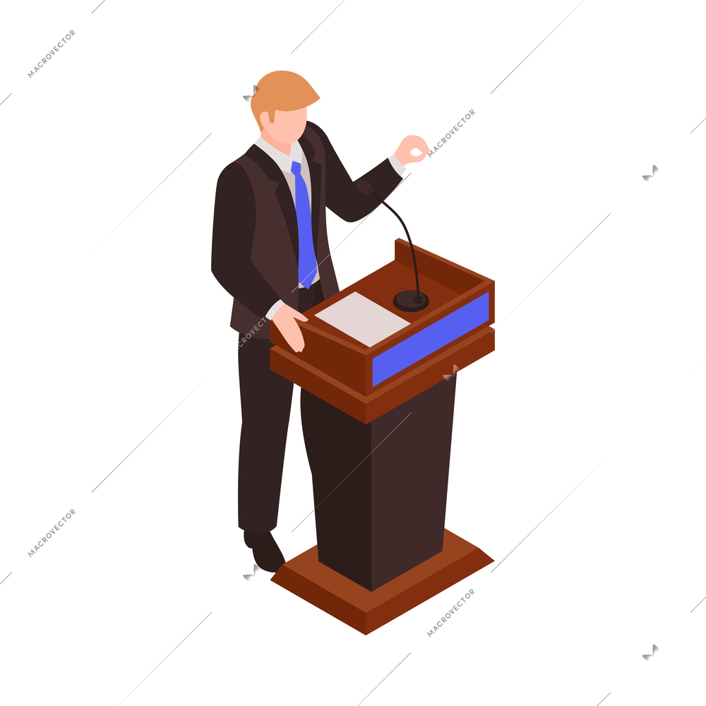 Isometric election icon with male candidate speaking at podium 3d vector illustration