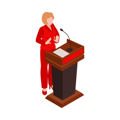 Isometric election icon with female politician participating in debate 3d vector illustration