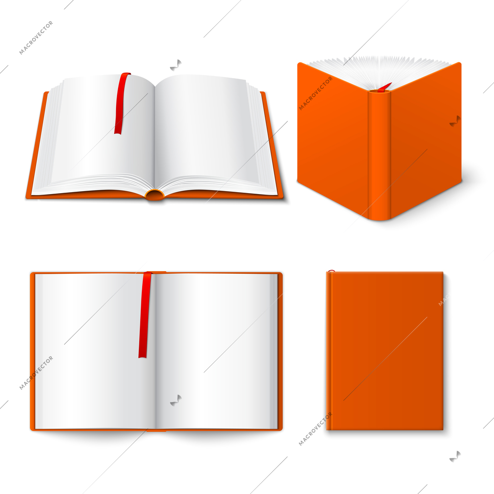 Decorative open closed and half opened hard cover book four 3d pictograms composition poster isolated vector illustration