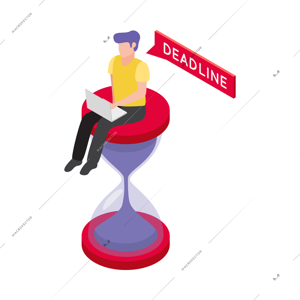 Deadline isometric icon with human character working on laptop sitting on sandglass vector illustration