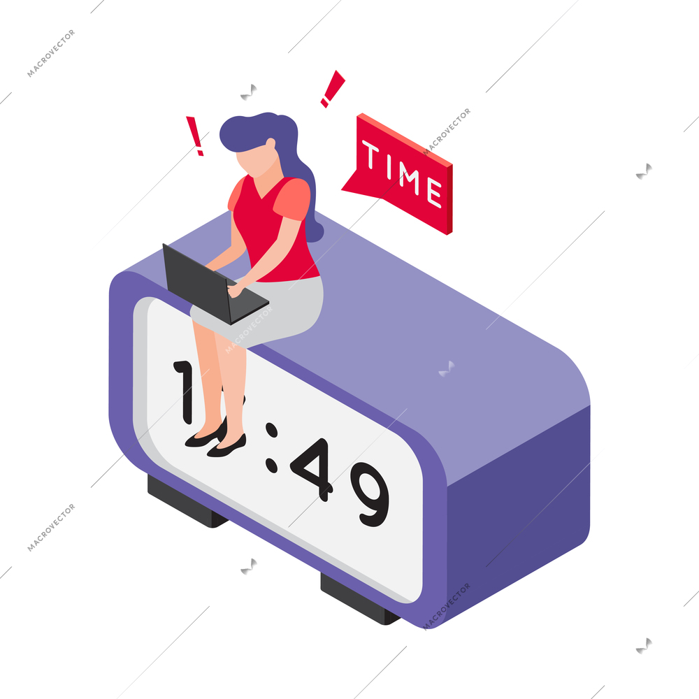 Deadline concept icon with overworked female character with laptop sitting on clock isometric vector illustration