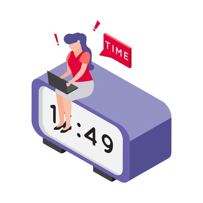 Deadline concept icon with overworked female character with laptop sitting on clock isometric vector illustration