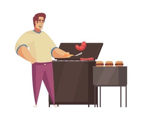 Happy man cooking barbecue grilled meat for burgers flat vector illustration