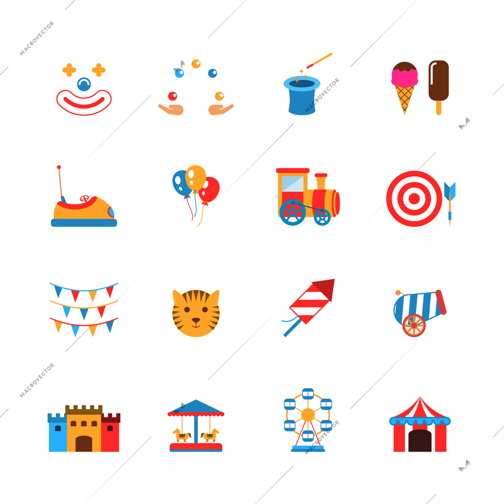 Amusement park icons flat set with clown juggler balloons isolated vector illustration