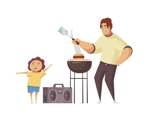 Happy child and man dancing and grilling burgers at bbq party flat vector illustration