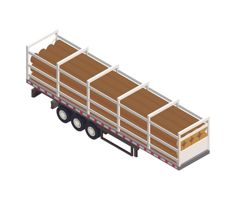 Isometric cargo semitrailer carrying logs on white background 3d vector illustration