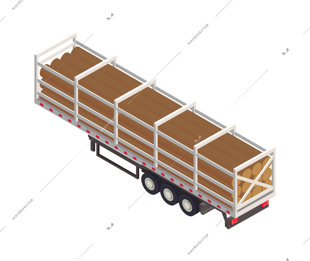 Isometric icon of 3d cargo semitrailer carrying timber vector illustration