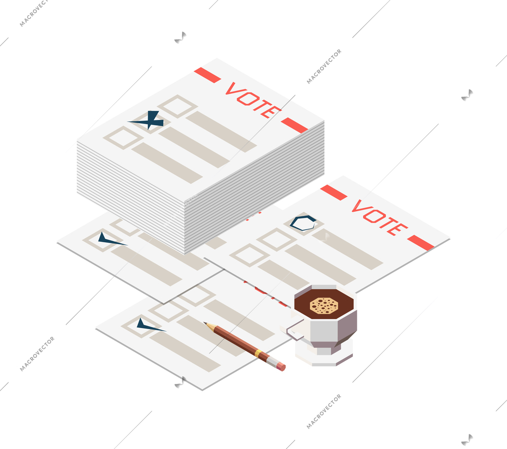 Election voting isometric icon with piles of ballots 3d vector illustration