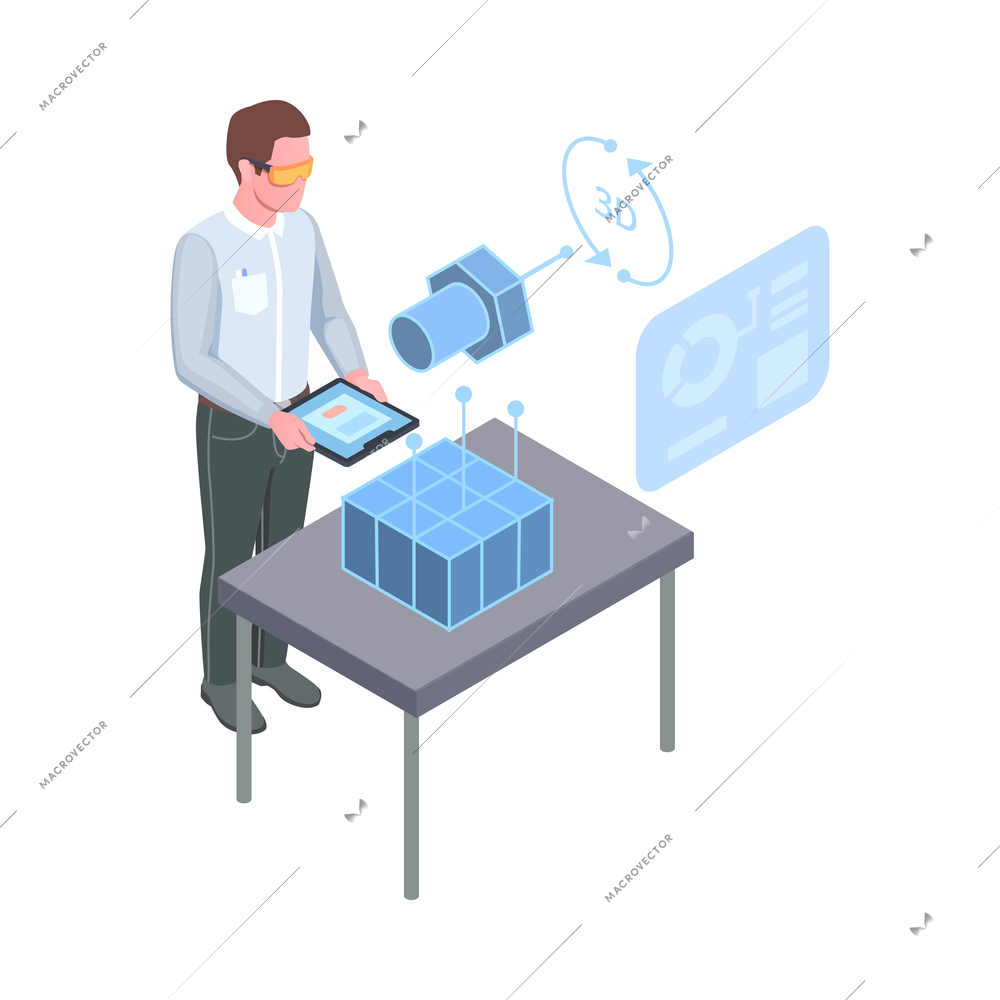 Smart industry 3d modeling process isometric icon with human character vector illustration