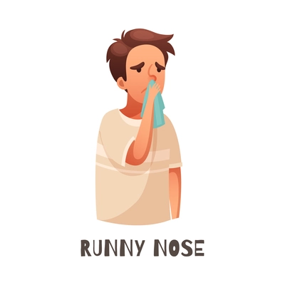 Cartoon character with runny nose allergy or flu symptom vector illustration