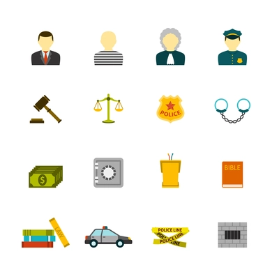 Civil law justice crime and punishment flat icons collection  with prisoner bible book abstract isolated vector illustration