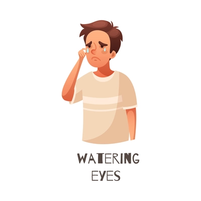 Allergy symptom watering eyes with male cartoon character vector illustration