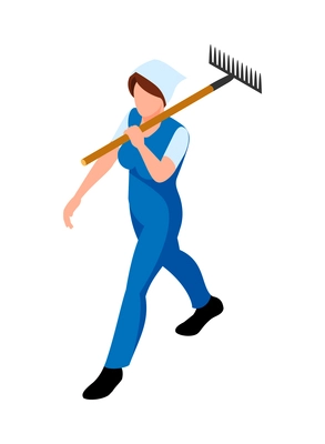 Isometric character of female farmer walking with rake vector illustration