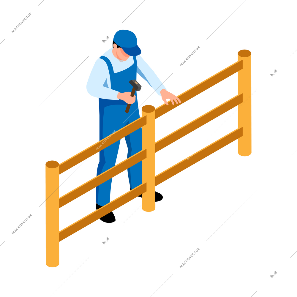 Isometric icon with farmer in uniform fixing wooden fence 3d vector illustration