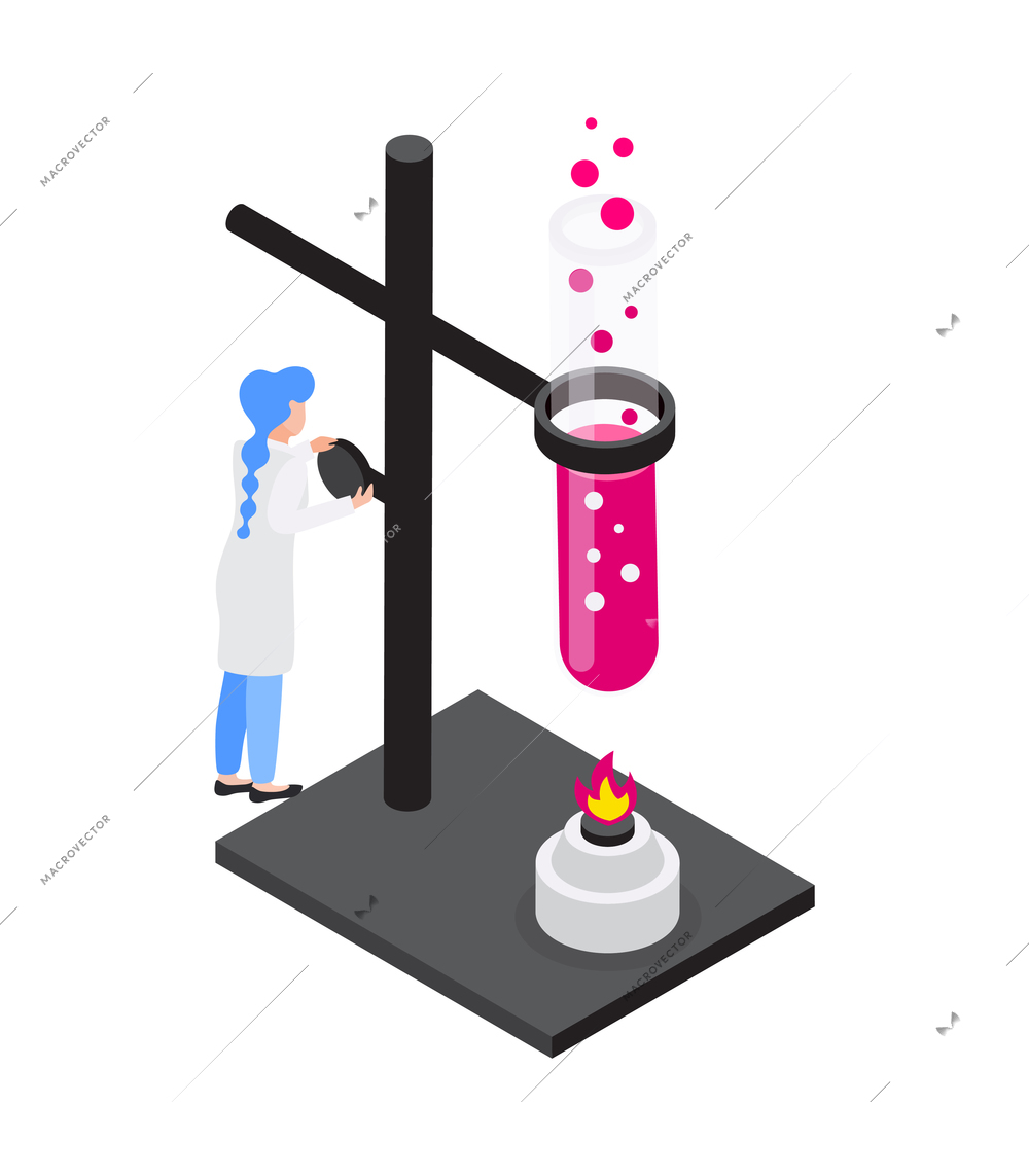 Chemist heating laboratory tube on spirit lamp isometric icon 3d vector illustration