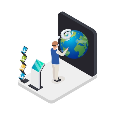 Man using vr headset looking at earth at modern expo center with promotional stand and rack isometric vector illustration