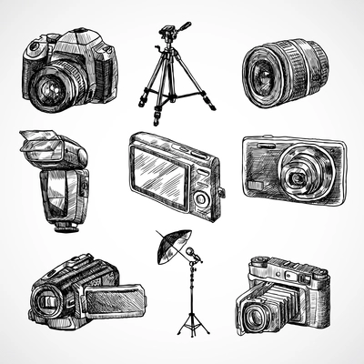 Photo camera digital technology studio equipment hand drawn set isolated vector illustration