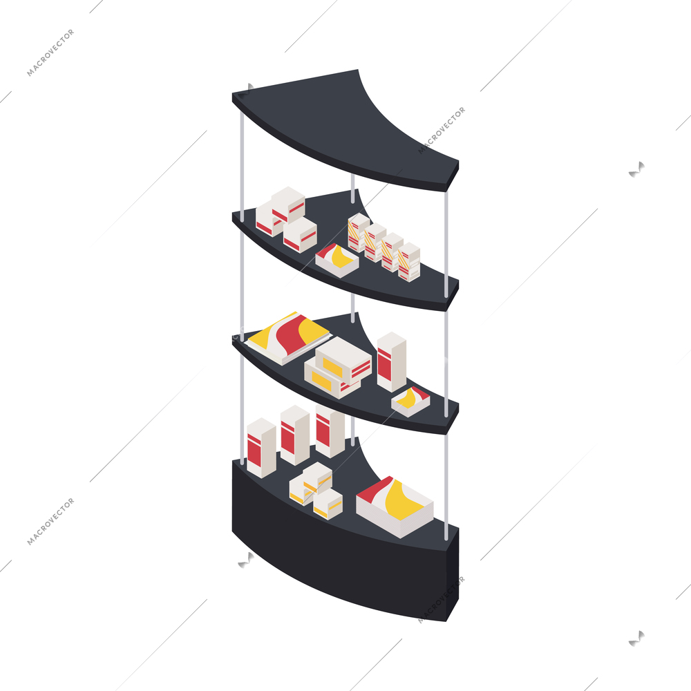 Modern exhibition rack with promotional products on shelves 3d isometric vector illustration