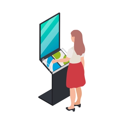 Modern exhibition icon with woman taking promotional brochure from stand with interactive screen 3d vector illustration