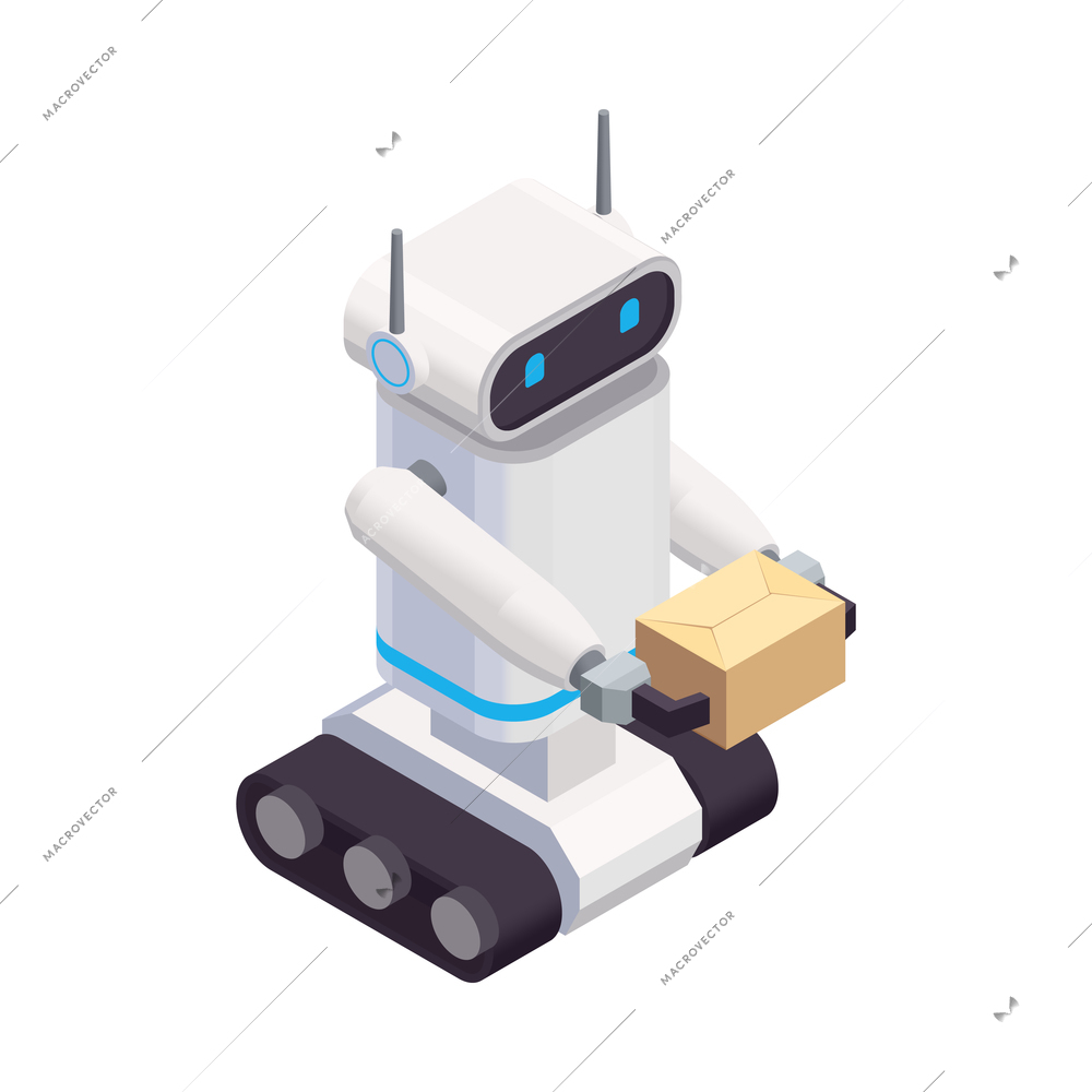 Smart industry isometric icon with automated robot carrying parcel in cardboard box 3d vector illustration