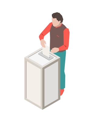 Faceless character putting ballot into election box 3d isometric icon vector illustration