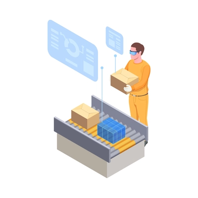 Smart industry isometric icon with innovative factory equipment conveyor and worker 3d vector illustration