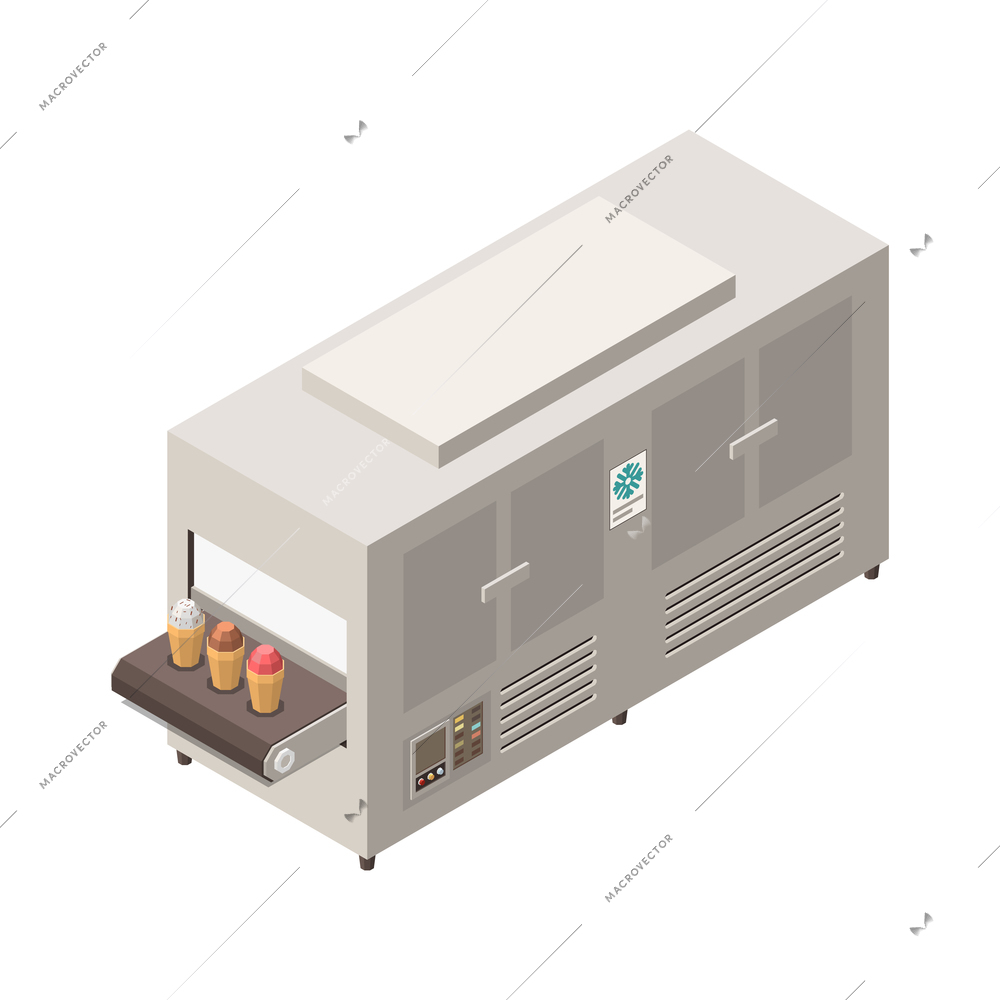 Ice cream production equipment isometric icon with hardening tunnel 3d vector illustration