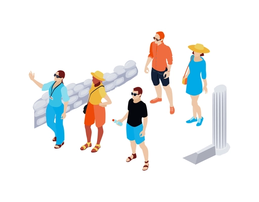 Tour guide and tourists on excursion along ancient ruins 3d isometric vector illustration