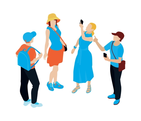 Group of tourists with bags taking photos on smartphone on excursion 3d isometric vector illustration