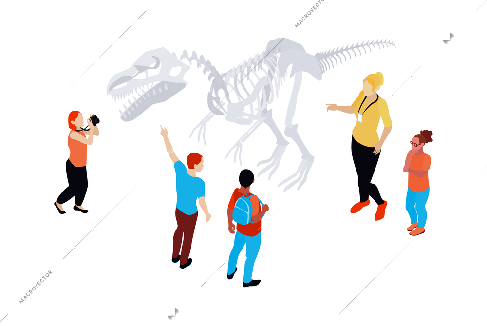 People looking and taking photo of dinosaur skeleton on museum excursion with guide isometric vector illustration