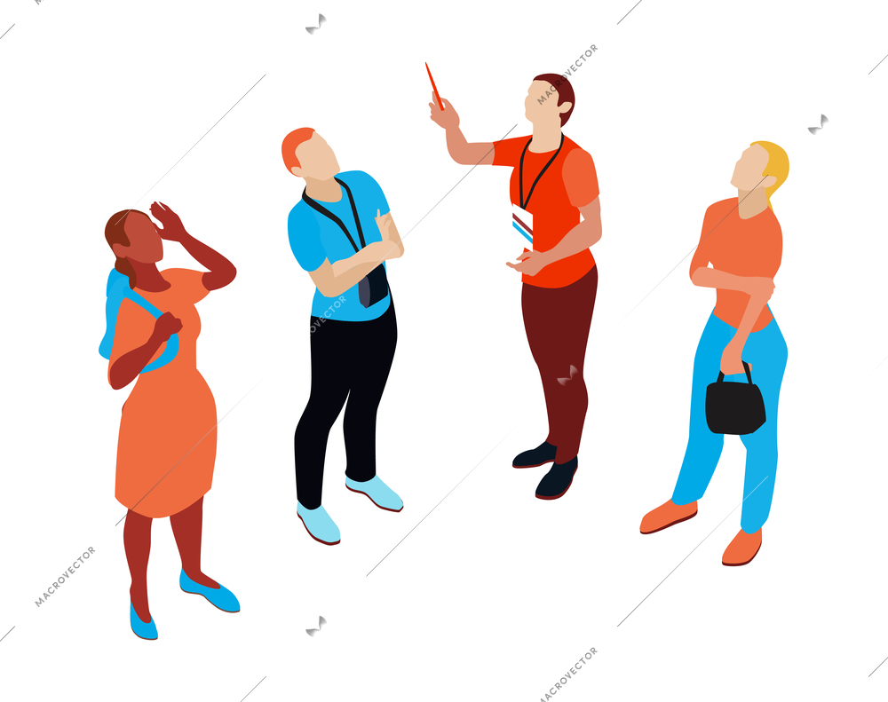 Four isometric characters of tourists and tour guide on excursion 3d isolated vector illustration