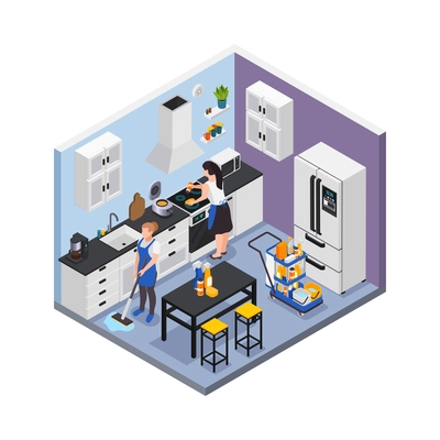 Professional cleaning service isometric composition with kitchen being cleaned by two female workers 3d vector illustration