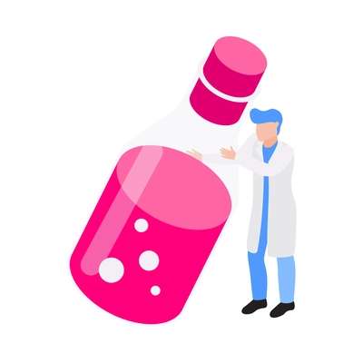 Chemistry isometric icon with scientist holding big glass with reagent 3d vector illustration