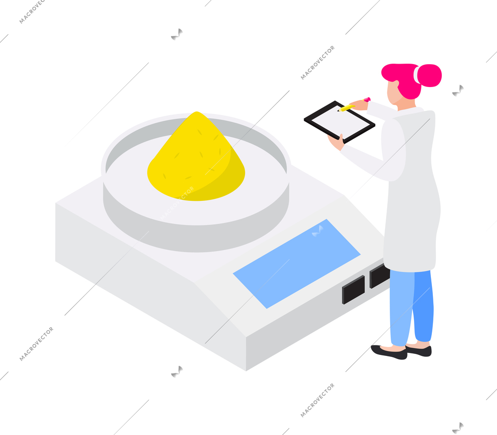 Chemist weighing yellow reagent on laboratory scales isometric icon vector illustration