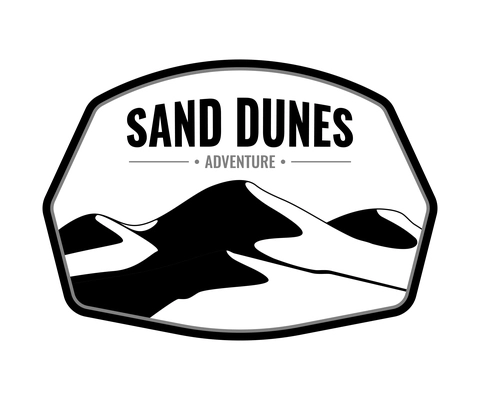 Sand dunes travel adventure emblem with monochrome desert landscape flat vector illustration