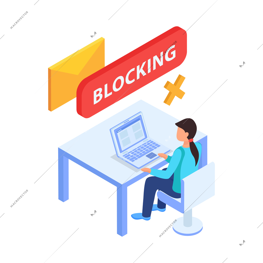 Blocking internet websites isometric icon with human character text 3d symbols vector illustration