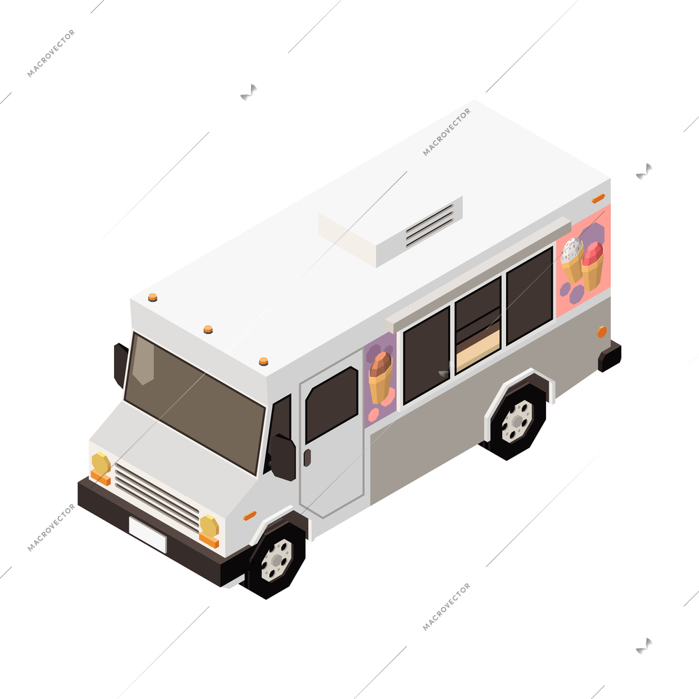 Isometric icon of white ice cream truck 3d vector illustration