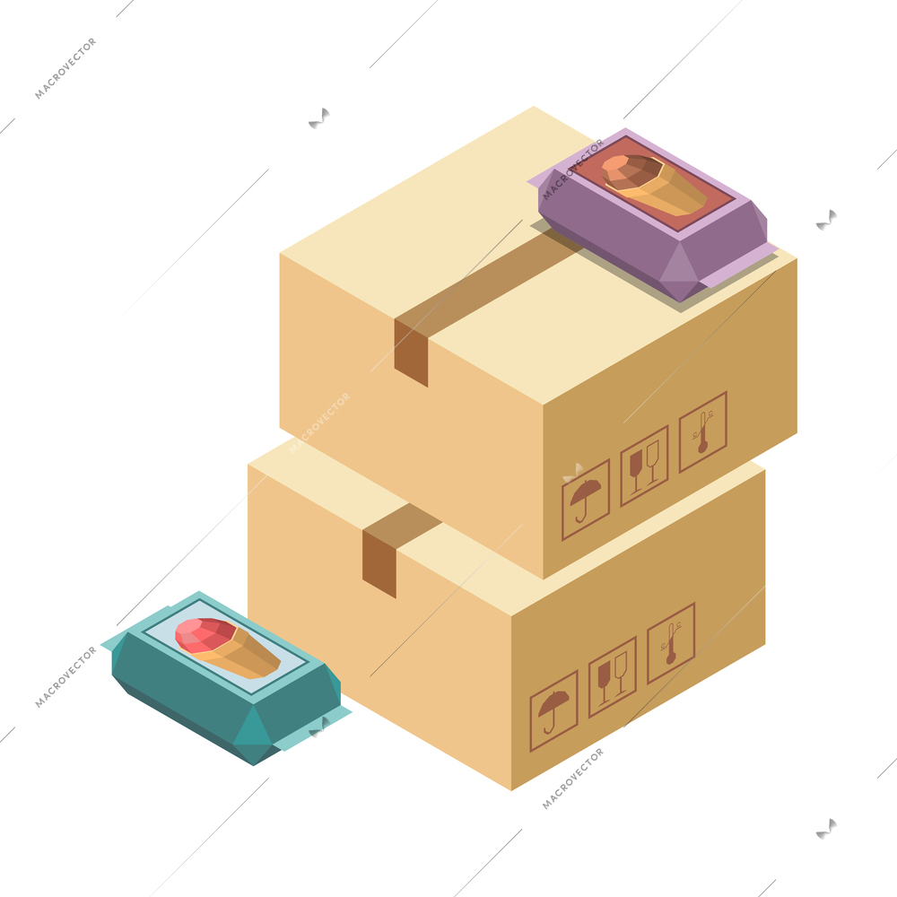 Ice cream production isometric icon with cardboard boxes and packages 3d vector illustration