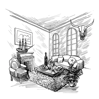 Room interior sketch background with fireplace couch and table vector illustration